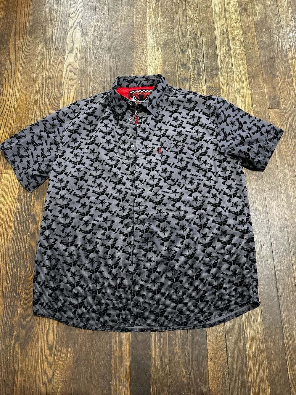 Fly Racing Men's Short Sleeve Button Up Shirt XL Grey Black Flocked Graphic